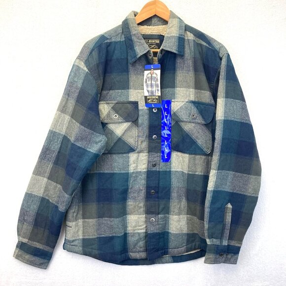 NWT Grizzly Mountain Sherpa Lined Shacket Mens Large Blue Plaid Shirt Jacket NEW - Picture 1 of 15